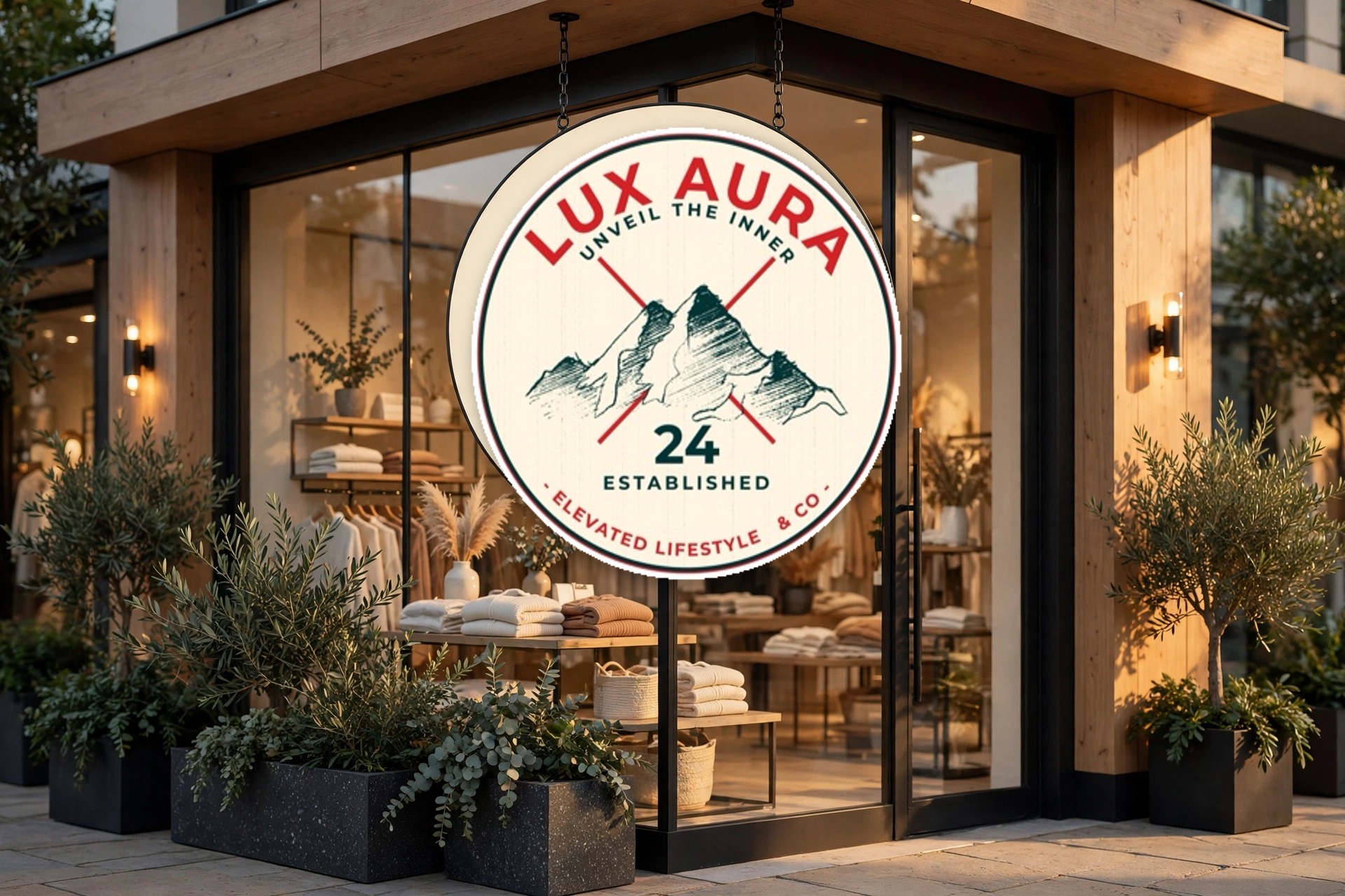 Lux Aura circular badge logo as a hanging sign outside a boutique storefront with wood paneling and glass windows in warm evening light — the badge reads Lux Aura, Unveil the Inner, Established 24, Elevated Lifestyle and Co over a mountain illustration