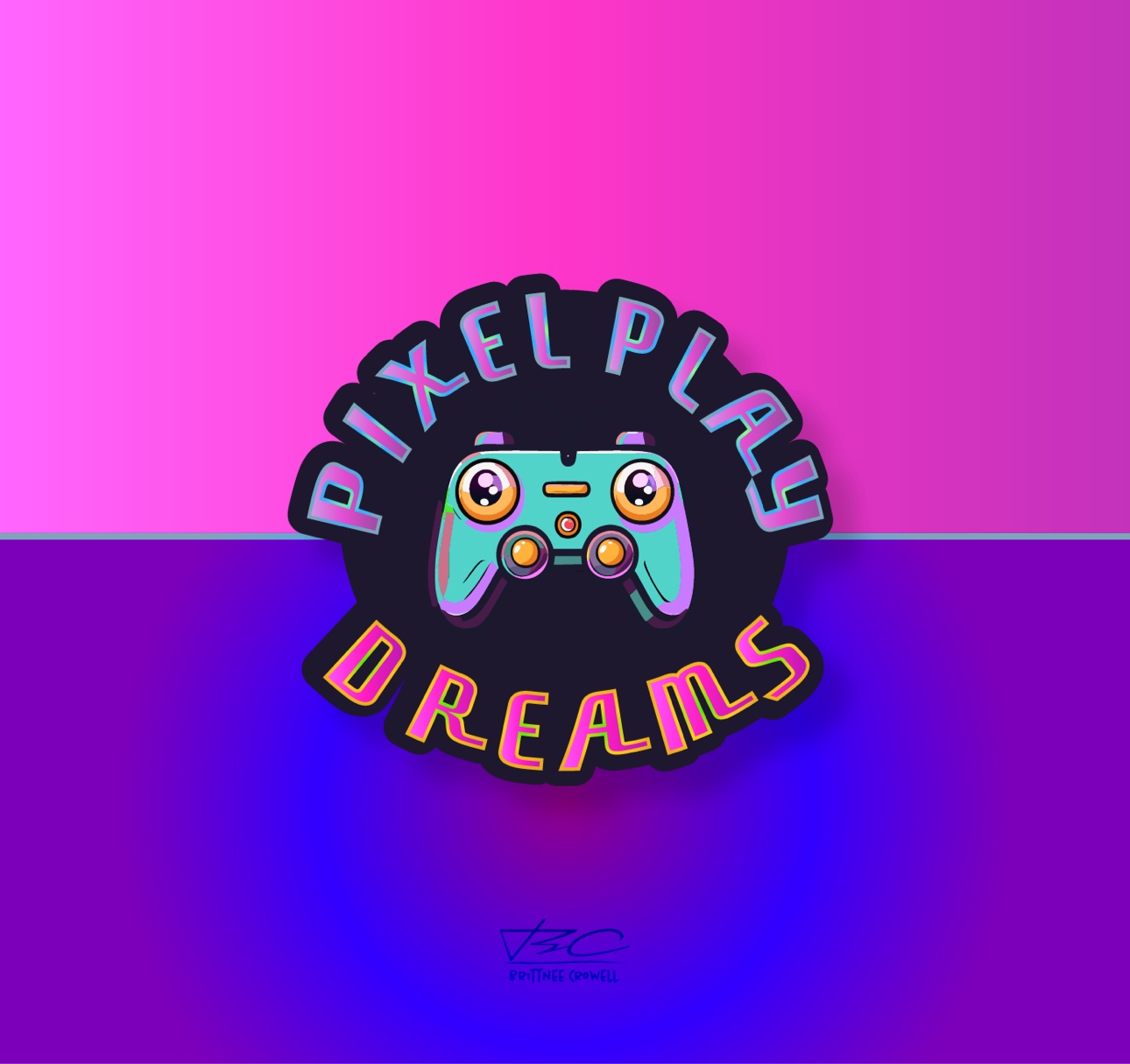 Pixel Play Dreams gaming logo — a wide-eyed game controller character badge in a circular lockup over a neon pink-to-purple gradient